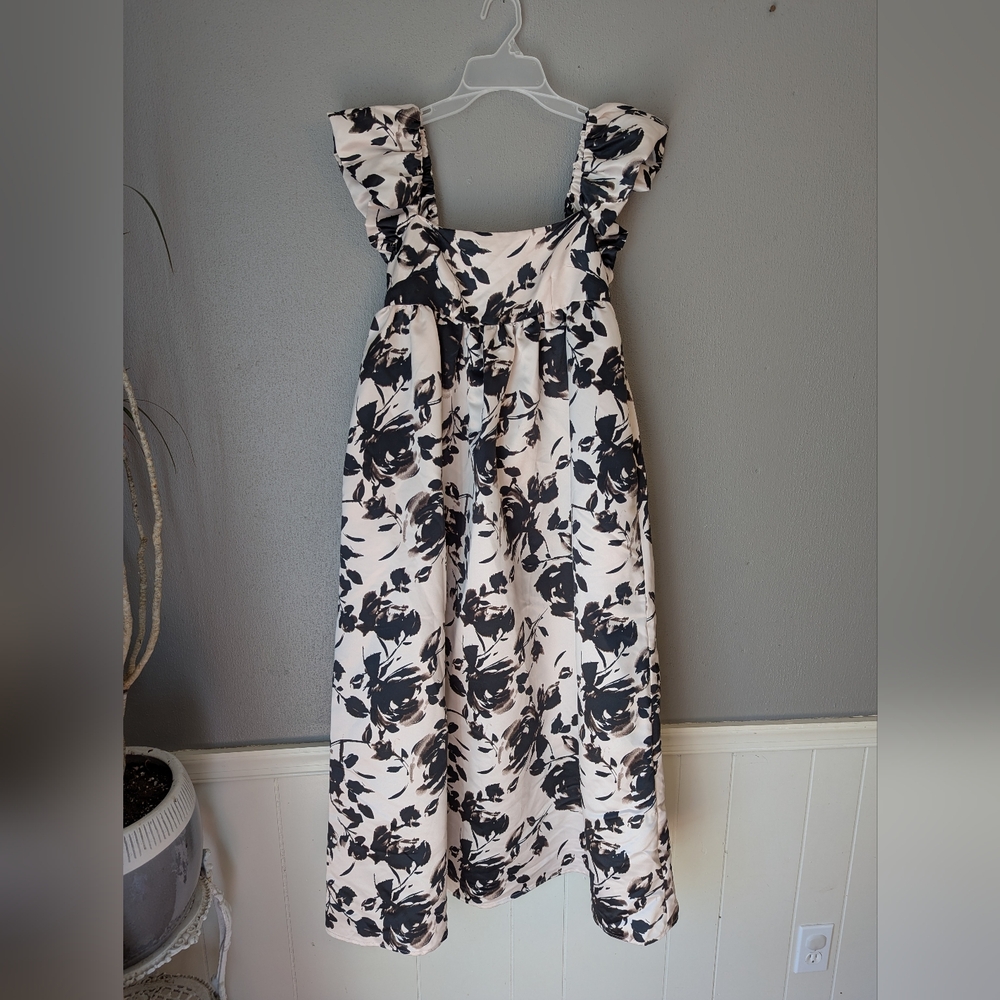 Floral Black and White Maxi Dress with Ruffle Straps